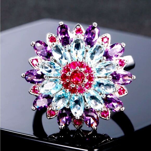 925 Sterling Silver Multicolored Diamond Floral DesignRing New in Box